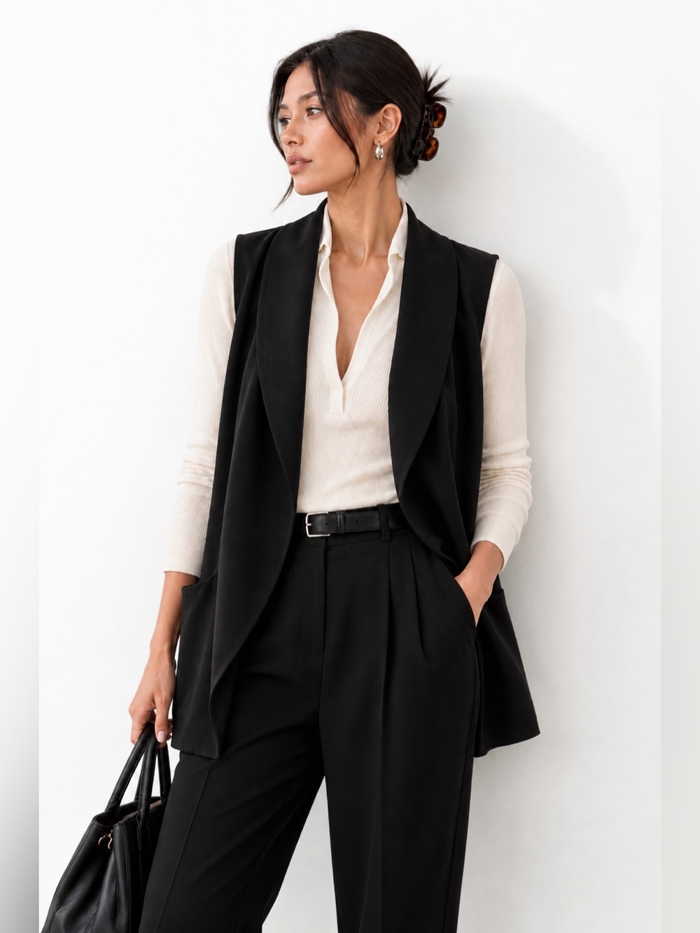 Wilfred Aritzia Draped Sleeveless Vest Black | Open Front Longline Minimalist